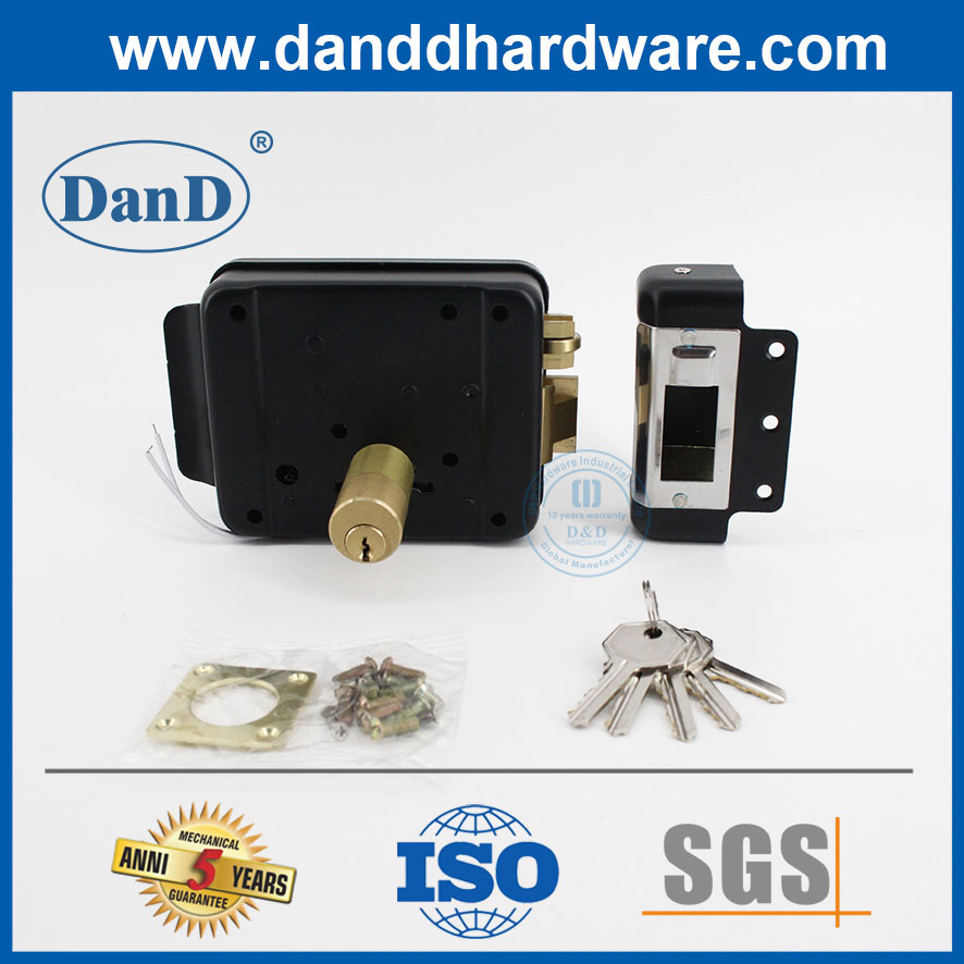 Security Door Brass Latch 3 Round Deadlock Black Electric Rim Lock Set-DDRL042