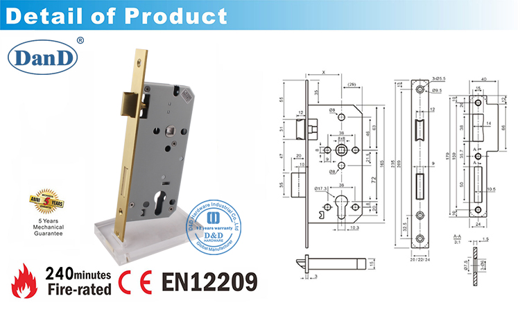 Lock Satin Brass-CE Mortise Door Lock DDML009-D y D Hardware