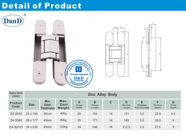 Puerta escondida de servicio pesado Hingle-D y D Hardware-80 kg