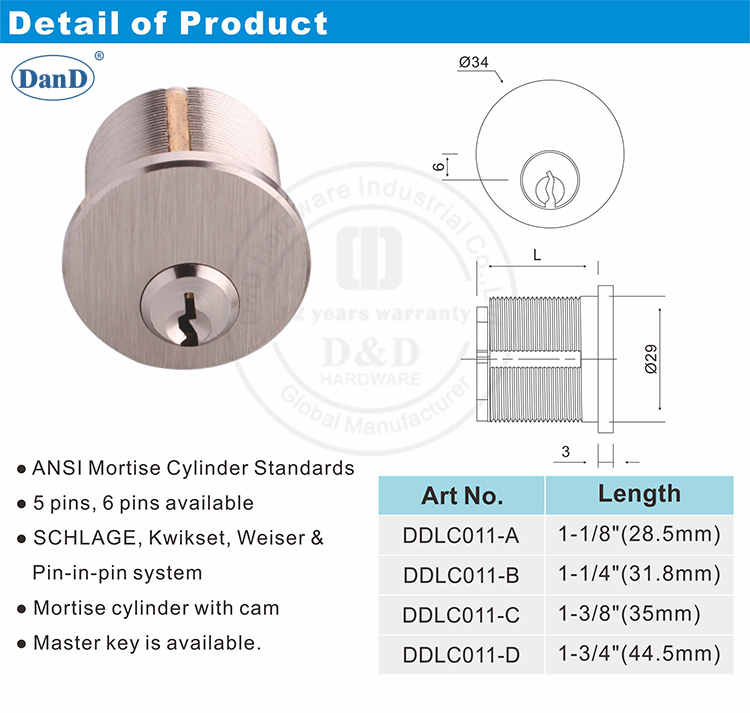 Cilindro de mortaja ANSI Lock-D y D HardDware