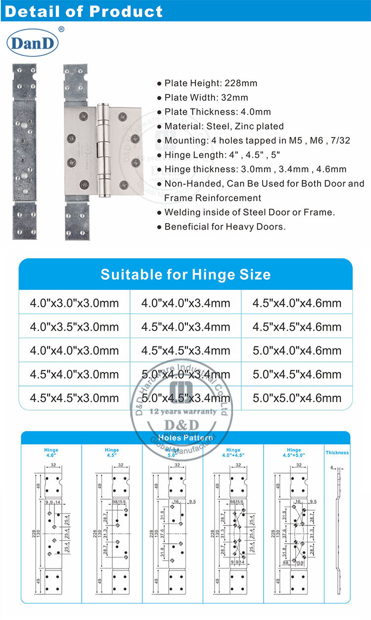 Placa de refuerzo de bisagra-D y D hardware