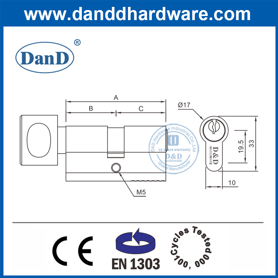 EN1303 Cilindro de cerradura de la puerta de mortaja de la perilla de alta seguridad-DDLC001-70 mm-SN
