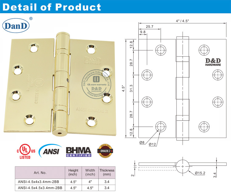 Ansi Grado 2 Bisagra de puerta exterior