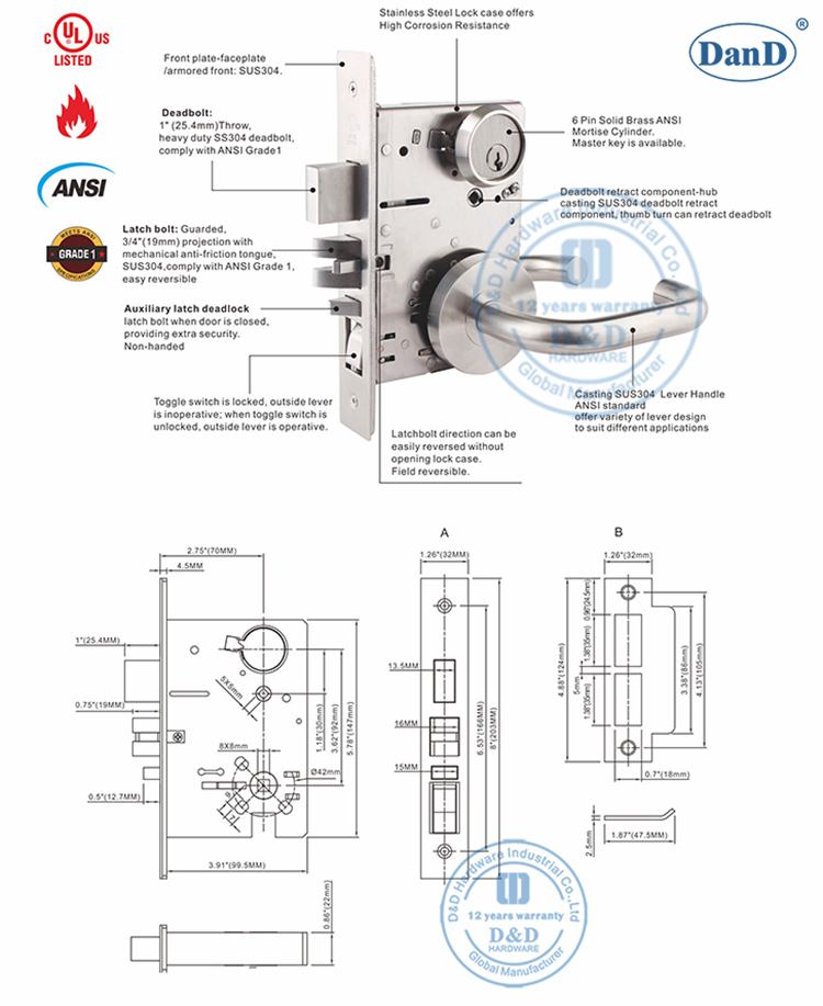 Ansi Mortice Door Lock-D y H hardware