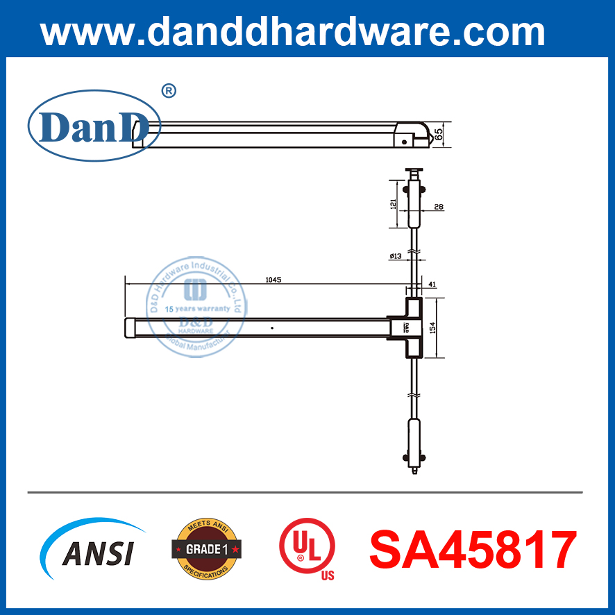 Barra de salida de salida de pánico UL305 Barra de acero inoxidable Hex Hex Hex Dogging de 2 puntos Barra de pánico-DDPD028