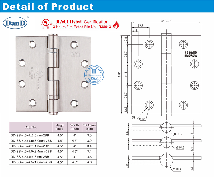 Acero inoxidable UL Lisied Door Hinge-D y D Hardware