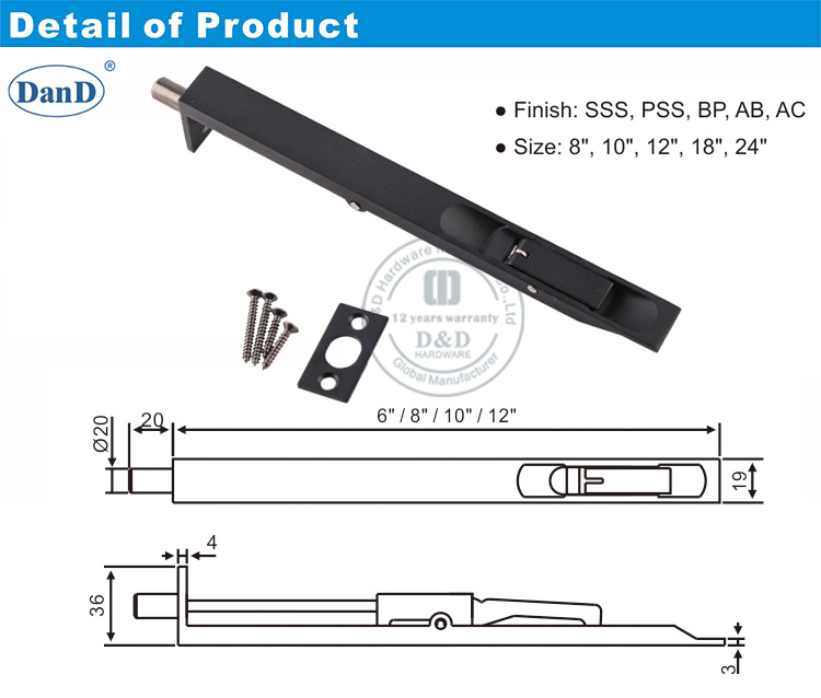 Black SS Flush Door Bolt-D y Hardware D
