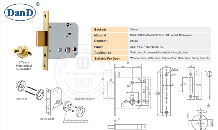 Bloqueo de puerta SS 304 Body-D y D Hardware