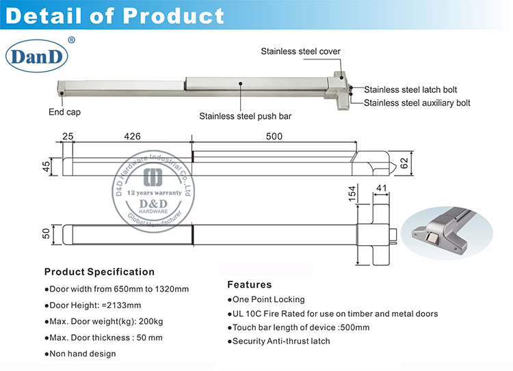 Panic Salida Push Bar-D y D Hardware