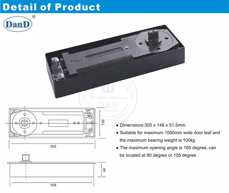 Spring de piso para puertas de vidrio pesado y hardware D