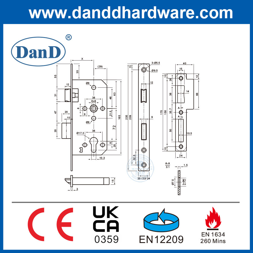 Proveedor de cerraduras CE EN12209 Euro Standard Fire Mortise Door Lock Set-DDML009R-6072