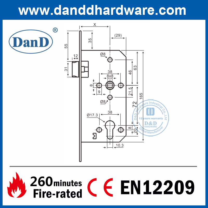 BS EN12209 SUS304 Bloqueo de pestillo con clasificación de fuego para el paso de la puerta-DDML011-6072